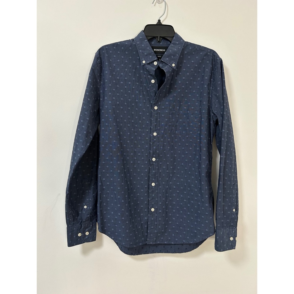 Bonobos Polka Dot Jacquard Shirt Mens M Blue Slim Fit Preppy Long Sleeve